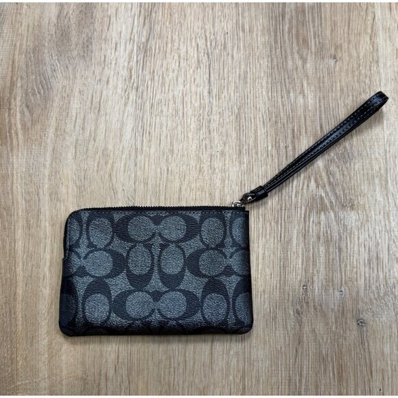 Coach Black Signature Leather Zip Wristlet Wallet Silver/Black - Picture 3 of 7